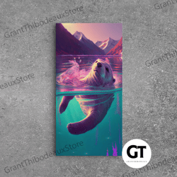 cute otter going for a swim, pastel retro style art, framed decorative wall art, otter out for a swim in a mountain lake