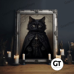 cute victorian cat portrait, halloween decor, oil painting of a gothic victorian cat, halloween wall art, framed decorat
