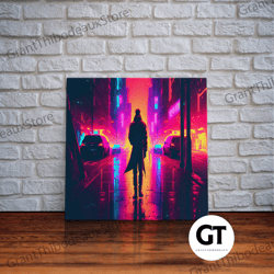 cyberpunk bounty hunter art, vaporwave synthwave dystopian cityscape, framed decorative wall art