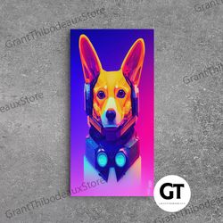 cyberpunk corgi portrait, futuristic corgi, framed decorative wall art, ready to hang framed wall art, living room wall