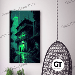 cyberpunk dystopian emerald green town city background fine art print, wall decor, wall poster, wall art print