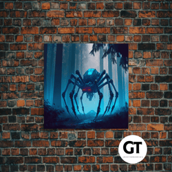 cyborg spider, scifi fantasy horror art, robot spider on the hunt, framed decorative wall art
