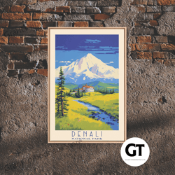 denali national park travel poster print, decorative wall art wall art, alaska travel art, midcentury modern travel deco