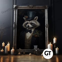 distinguished dapper gentleman raccoon, funny animal prints, humorous art, framed canvas, wall art, decorative wall art,