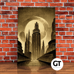 dystopian metropolis art deco decorative wall art, city skyline, fantasy art, art deco living room art, ready to hang wa