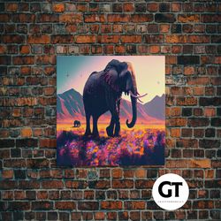 elephants of africa, vibrant and colorful landscape, vaporwave, framed decorative wall art
