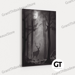 elk in the forest with full moon over head, gift for a hunter, framed decorative wall art, wall art decor