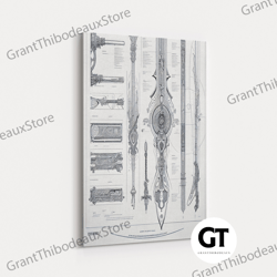 elven weapons, fantasy weapon diagram, elven armory, framed decorative wall art, framed wall art, wall decor