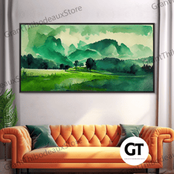 emerald green watercolor landscape abstract, ready to hang decorative wall art wall art, framed canvas wall art