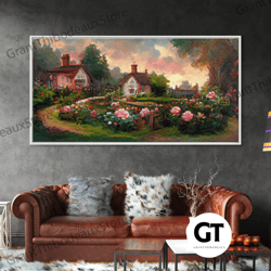 english cottage with rose garden, decorative wall art, cute english countryside wall art
