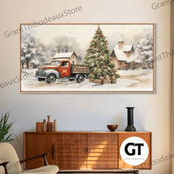 farmhouse christmas decor, framed decorative wall art, vintage red truck getting the christmas tree, farmhouse christmas