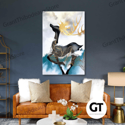 deer wall art decor, gold detail, nature canvas art, living room wall decor, roll up canvas, stretched canvas art, frame