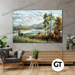 deer by the river at the foot of the mountains by the forest roll up canvas, stretched canvas art, framed wall art paint