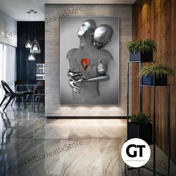 double red heart made of wrapped metal and chain metallic gray romantic roll up canvas, stretched canvas art, framed wal