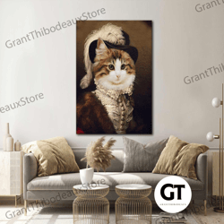 dressed cat wall art, feathered hat canvas art, cute animal wall decor, roll up canvas, stretched canvas art, framed wal