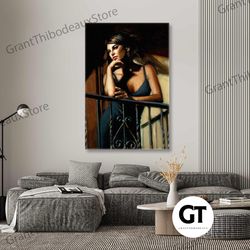 elegant model in dress standing on balcony with oil painting effect roll up canvas, stretched canvas art, framed wall ar