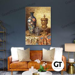 elegant wall art, blue vase canvas art, gold vase wall decor, roll up canvas, stretched canvas art, framed wall art pain