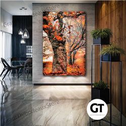 fallen leaves wall art, tree forest canvas art, autumn wall decor, roll up canvas, stretched canvas art, framed wall art