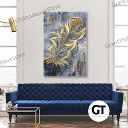 feather wall art, gold detail wall decor, living room wall decor, roll up canvas, stretched canvas art, framed wall art