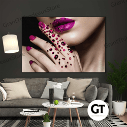 female model hairdresser makeup with pink lipstick and diamonds roll up canvas, stretched canvas art, framed wall art pa