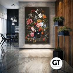 flower bouquet wall art, colorful arrangement canvas art, elegant wall decor, roll up canvas, stretched canvas art, fram