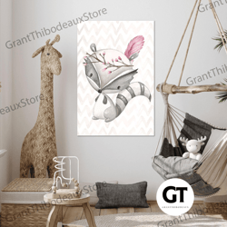 flower crown canvas art, raccoon wall art, kids room wall decor, roll up canvas, stretched canvas art, framed wall art p