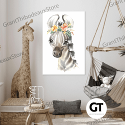 flower crown wall art, zebra canvas art, kids room wall decor, roll up canvas, stretched canvas art, framed wall art pai