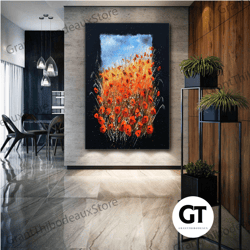 flower garden wall art, nature canvas art, red poppy wall decor, roll up canvas, stretched canvas art, framed wall art p