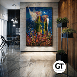 flower head angels wall art, moonlight canvas art, surreal wall decor, roll up canvas, stretched canvas art, framed wall