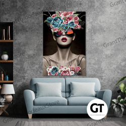 flower head woman wall art, red lipstick canvas art, modern room wall decor, roll up canvas, stretched canvas art, frame