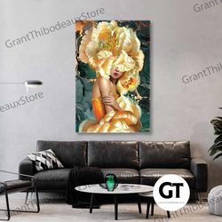 flower wall art, gold detail art, woman canvas art, luxury wall decor, roll up canvas, stretched canvas art, framed wall