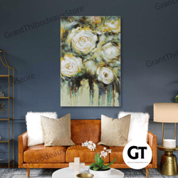 flower wall art, white rose canvas art, bunch of rose wall decor, roll up canvas, stretched canvas art, framed wall art