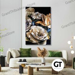 flower wall arti living room wall decor, white flower canvas art, roll up canvas, stretched canvas art, framed wall art