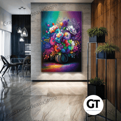 flowers wall art, colorful wall decor, living room wall art decor, roll up canvas, stretched canvas art, framed wall art