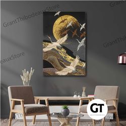 flying birds wall art, gold detailed canvas art, modern wall decor, roll up canvas, stretched canvas art, framed wall ar