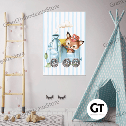 fox wall art, train canvas art, kids room wall decor, roll up canvas, stretched canvas art, framed wall art painting