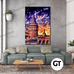 galata tower wall art, istanbul canvas art, sunset wall decor, roll up canvas, stretched canvas art, framed wall art pai