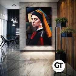 girl with clock earring wall art, woman canvas art, modern wall decor, roll up canvas, stretched canvas art, framed wall