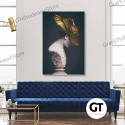 god of greek wall art, helmet canvas art, mythological wall decor, roll up canvas, stretched canvas art, framed wall art