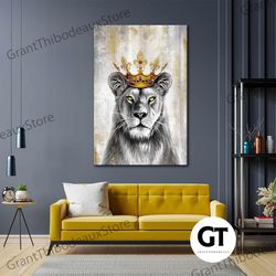 gold crown canvas art, queen wall art, lion wall decor, animal wall decor, roll up canvas, stretched canvas art, framed