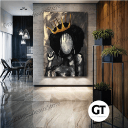 gold crowned wall art, african woman wall decor, modern canvas art, roll up canvas, stretched canvas art, framed wall ar