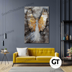 gold detail canvas art, angel wall art, abstract wall decor, roll up canvas, stretched canvas art, framed wall art paint