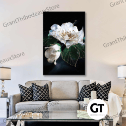 gold detail canvas art, flower art decor, white flower wall art, roll up canvas, stretched canvas art, framed wall art p