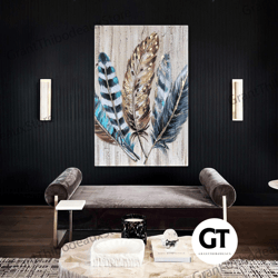 gold detail feather, elegant wall decor, bird feathers canvas art, roll up canvas, stretched canvas art, framed wall art