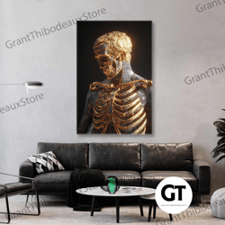 gold detail skeleton wall art, modern wall decor, gothic canvas art, roll up canvas, stretched canvas art, framed wall a