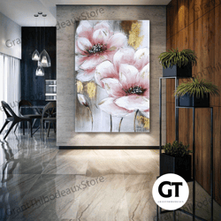 gold detail wall art, pink flowers canvas art, living room wall decor, roll up canvas, stretched canvas art, framed wall