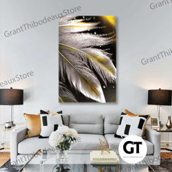 gold detail wall decor ,feather wall art, luxury wall decor, roll up canvas, stretched canvas art, framed wall art paint