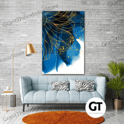gold detail, blue floral wall art, abstract canvas art, luxury wall decor, roll up canvas, stretched canvas art, framed