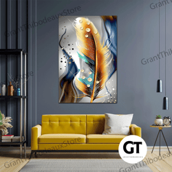 gold feather wall art, living room wall decor, modern canvas art, roll up canvas, stretched canvas art, framed wall art