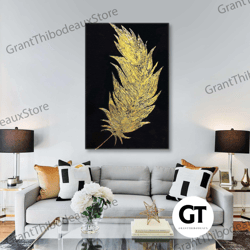 gold feather wall art, luxury wall decor, roll up canvas, stretched canvas art, framed wall art painting